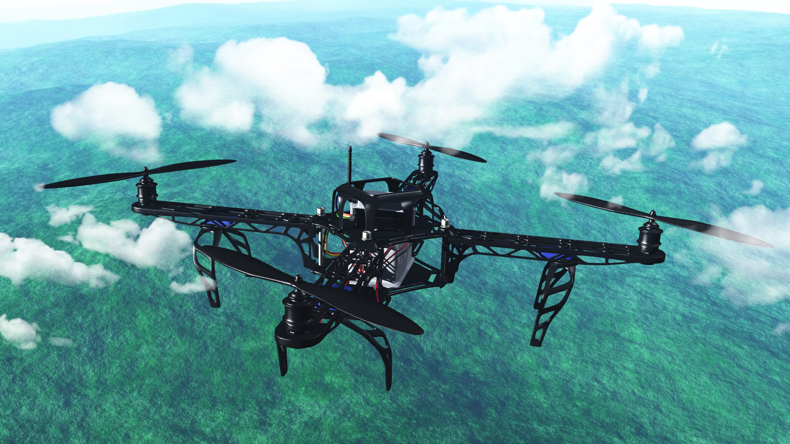 3D drone flying above the clouds